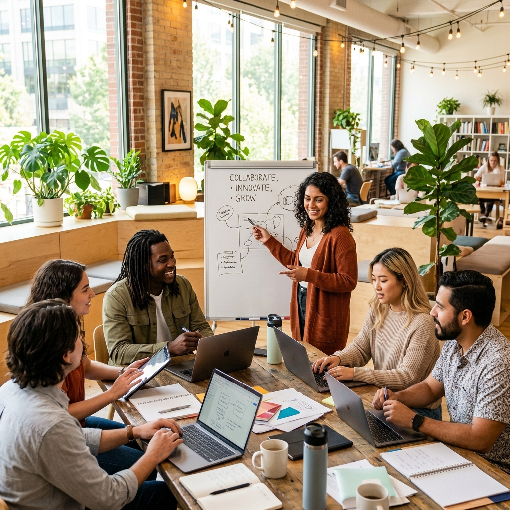 Diverse young adults collaborating in a bright, modern learning workspace